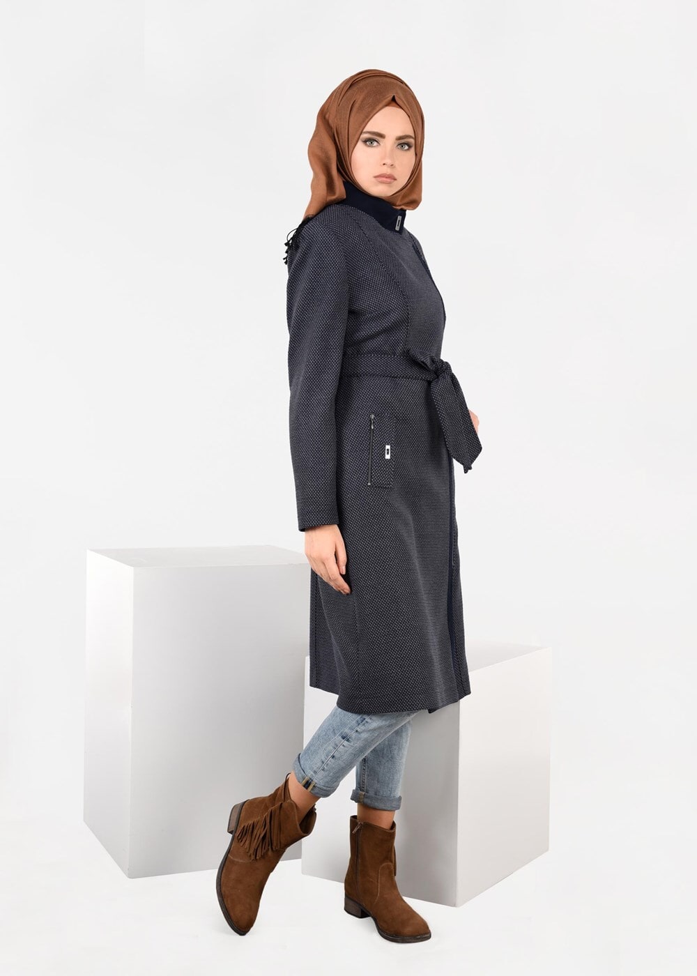 Tesettür giyim LACİVERT KRUVAZE FERMUARLI KABAN 9560 