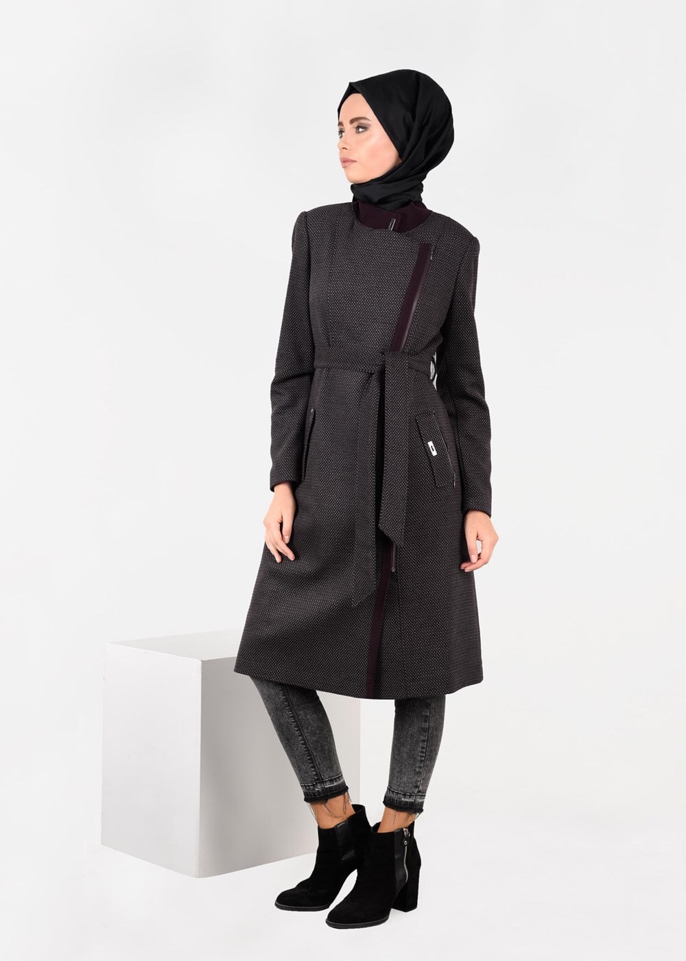 Tesettür giyim MÜRDÜM KRUVAZE FERMUARLI KABAN 9560 