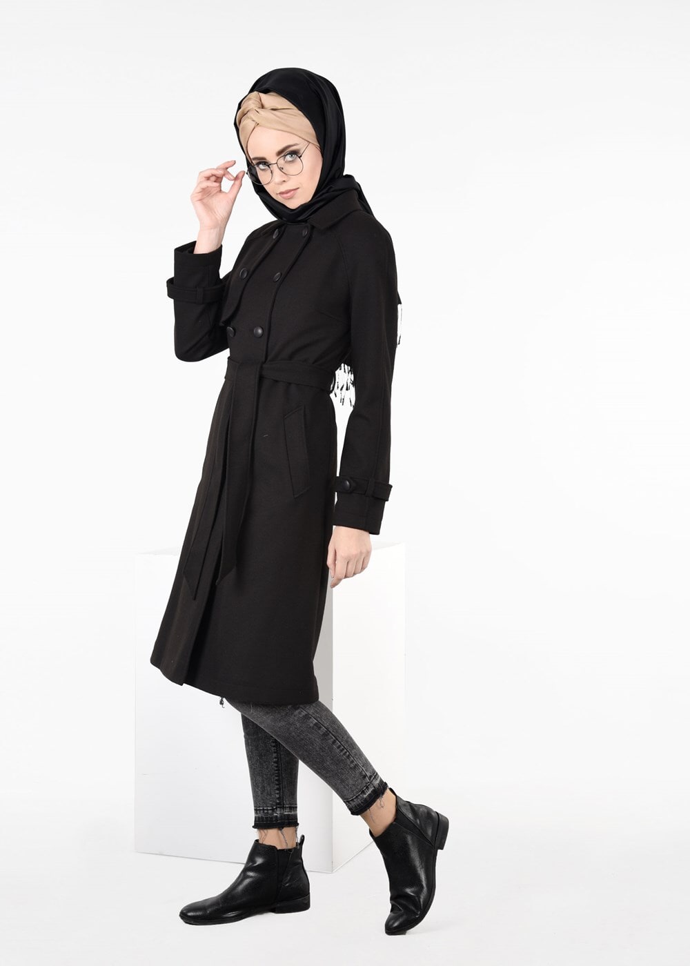 Tesettür giyim SİYAH KRUVAZE KUŞAKLI KABAN 9563 