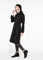 Tesettür giyim SİYAH KRUVAZE KUŞAKLI KABAN 9563 