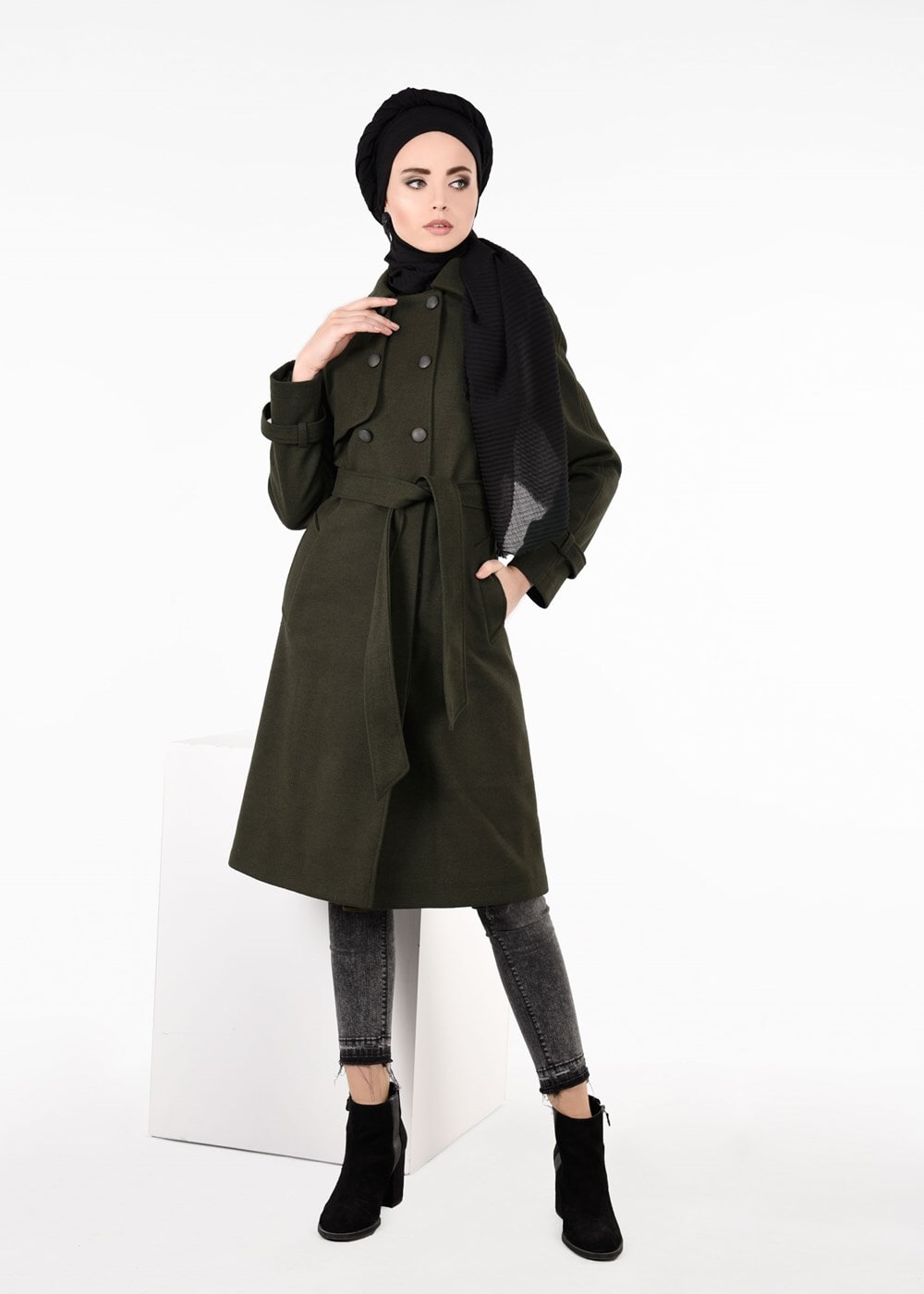 Tesettür giyim HAKİ KRUVAZE KUŞAKLI KABAN 9563 