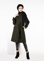 Tesettür giyim HAKİ KRUVAZE KUŞAKLI KABAN 9563 