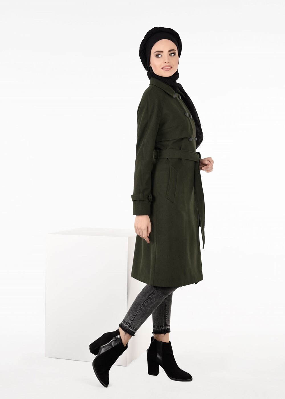 Tesettür giyim HAKİ KRUVAZE KUŞAKLI KABAN 9563 