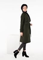 Tesettür giyim HAKİ KRUVAZE KUŞAKLI KABAN 9563 