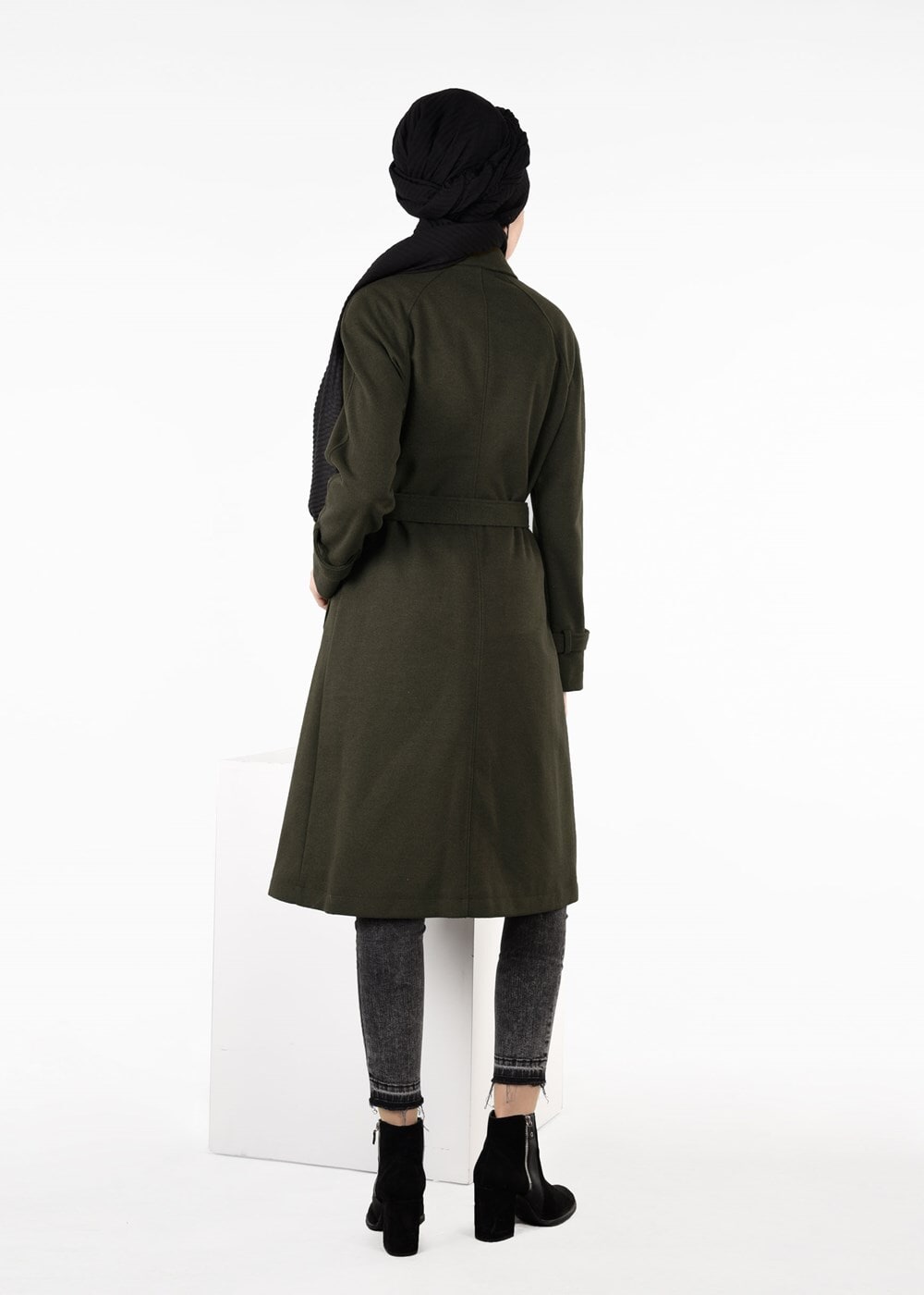 Tesettür giyim HAKİ KRUVAZE KUŞAKLI KABAN 9563 