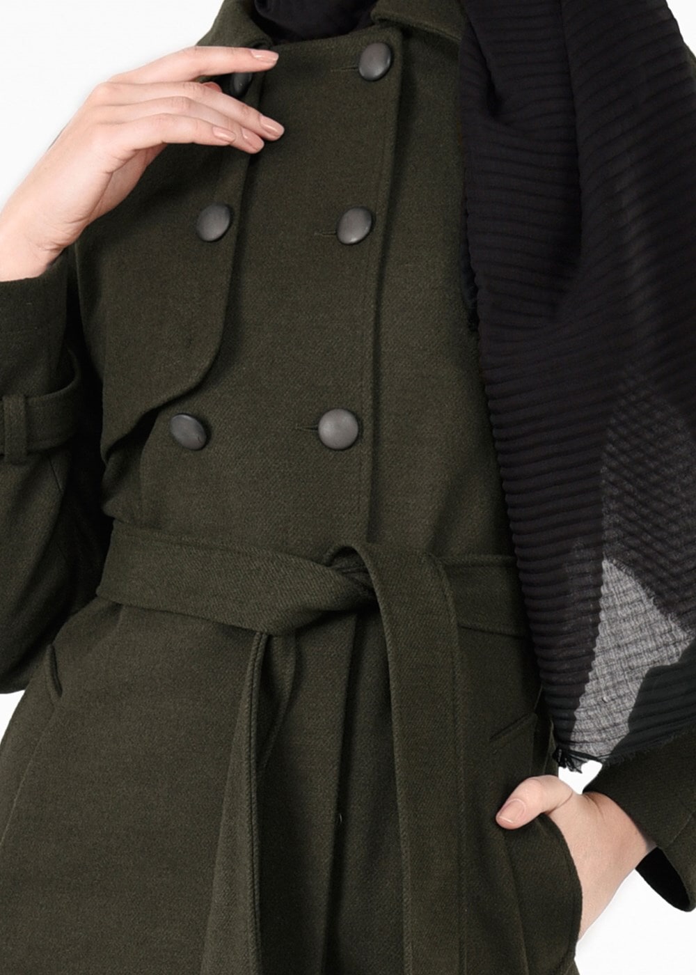 Tesettür giyim HAKİ KRUVAZE KUŞAKLI KABAN 9563 