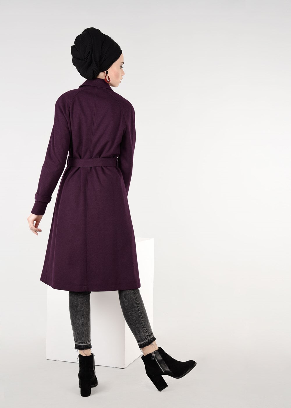 Tesettür giyim MÜRDÜM KRUVAZE KUŞAKLI KABAN 9563 