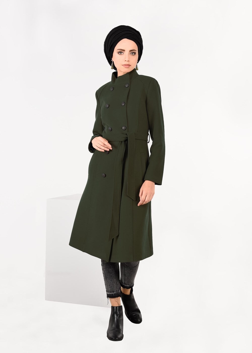 Tesettür giyim HAKİ DÜĞMELİ BALIKÇI YAKA KABAN 9564