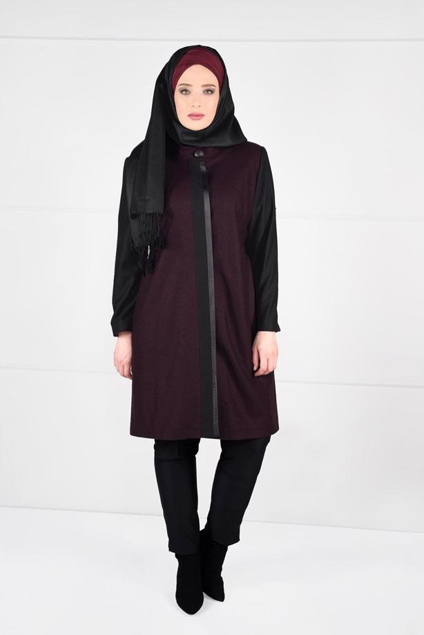 Vêtements hijab PRUNE MANTEAU EN LAINE À LIGNÉ EN DOUBLE-COULEUR 9565  - TRENDTESETTÜR
