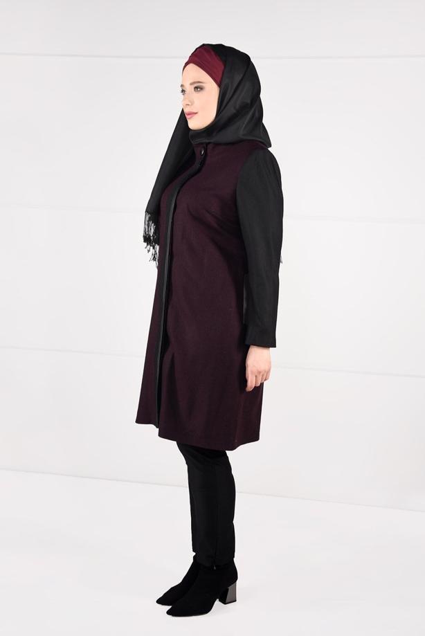 Vêtements hijab PRUNE MANTEAU EN LAINE À LIGNÉ EN DOUBLE-COULEUR 9565  - TRENDTESETTÜR