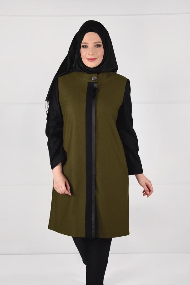 Vêtements hijab VERT MANTEAU EN LAINE À LIGNÉ EN DOUBLE-COULEUR 9565  - TRENDTESETTÜR
