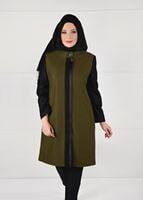 Tesettür giyim YEŞİL ÖNÜ ŞERİT DETAYLI ÇİFT RENK KAŞE KABAN 9565 