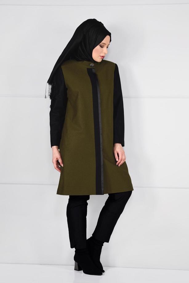 Vêtements hijab VERT MANTEAU EN LAINE À LIGNÉ EN DOUBLE-COULEUR 9565  - TRENDTESETTÜR