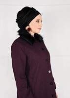 Tesettür giyim BORDO KÜRK YAKALI DÜĞMELİ KAŞE KABAN 9567 