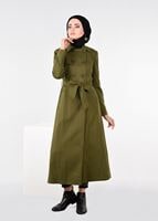 Tesettür giyim HAKİ KRUVAZE KEMERLİ DÜĞMELİ KABAN 9586 