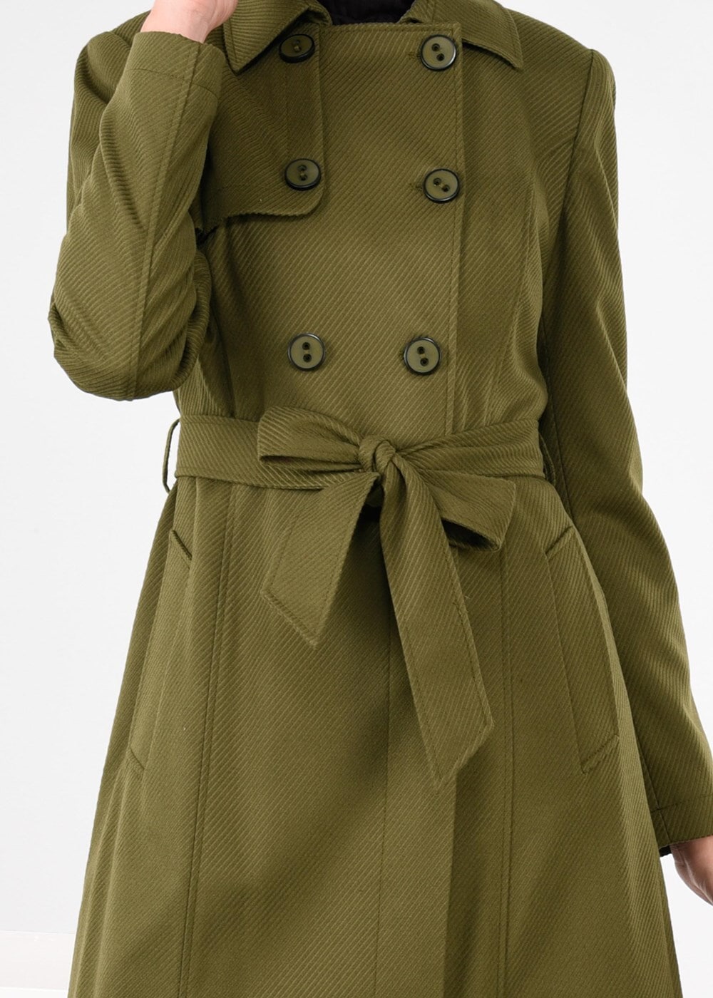 Tesettür giyim HAKİ KRUVAZE KEMERLİ DÜĞMELİ KABAN 9586 