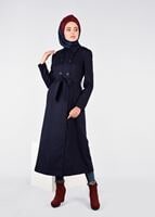 Tesettür giyim LACİVERT KRUVAZE KEMERLİ DÜĞMELİ KABAN 9586 
