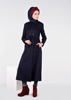 Tesettür giyim LACİVERT KRUVAZE KEMERLİ DÜĞMELİ KABAN 9586 