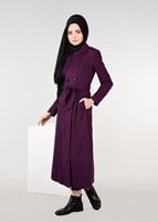 Tesettür giyim MOR KRUVAZE KEMERLİ DÜĞMELİ KABAN 9586 