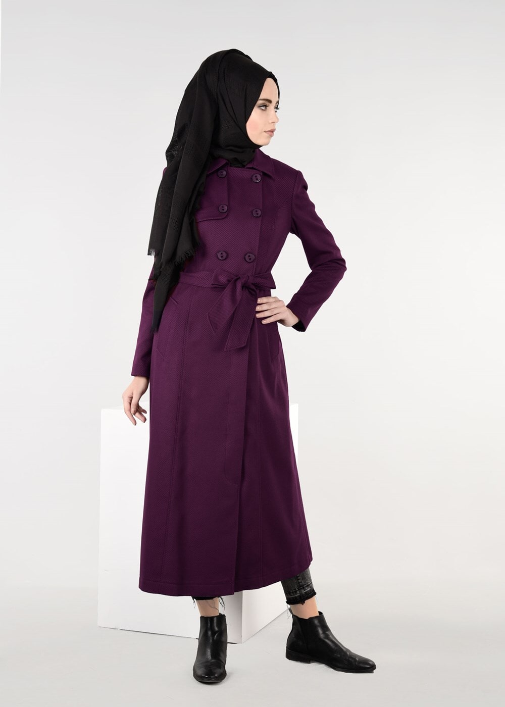 Tesettür giyim MOR KRUVAZE KEMERLİ DÜĞMELİ KABAN 9586 