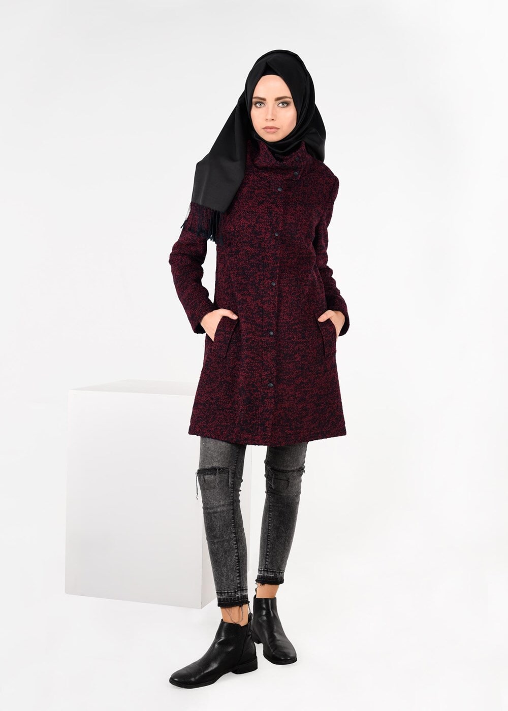 Tesettür giyim BORDO BALIKÇI YAKA KEÇE KABAN 9595 