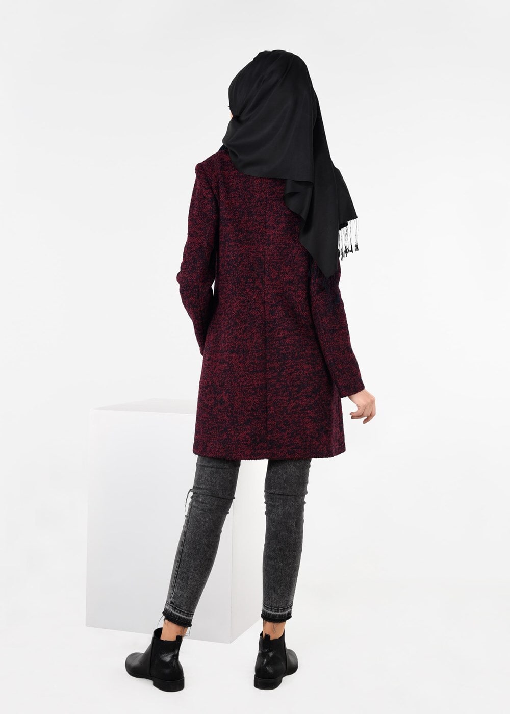 Tesettür giyim BORDO BALIKÇI YAKA KEÇE KABAN 9595 