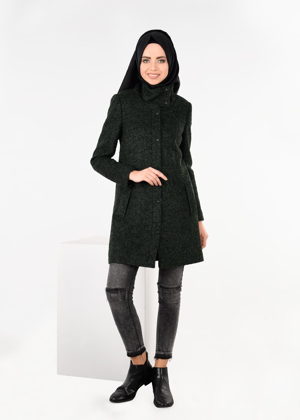 Tesettür giyim HAKİ BALIKÇI YAKA KEÇE KABAN 9595 