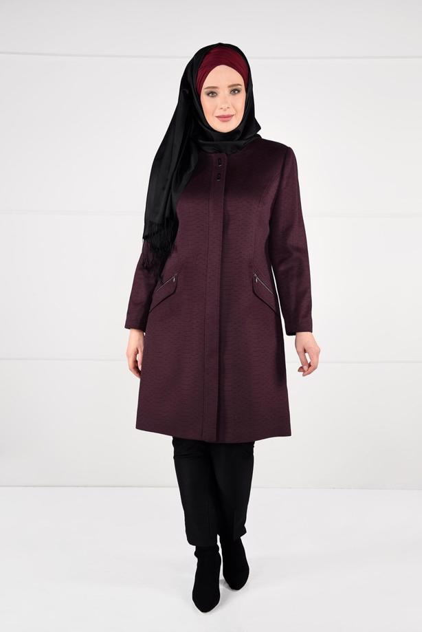 Vêtements hijab ROUGE BORDEAUX CABAN À COL ROND AVEC POCHES 9596  - TRENDTESETTÜR