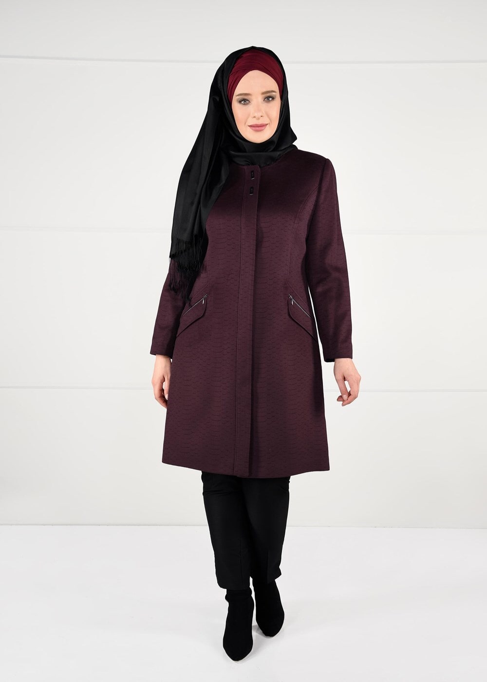 Hijab clothing CLARET RED CREW-NECK COAT WITH POCKETS 9596
