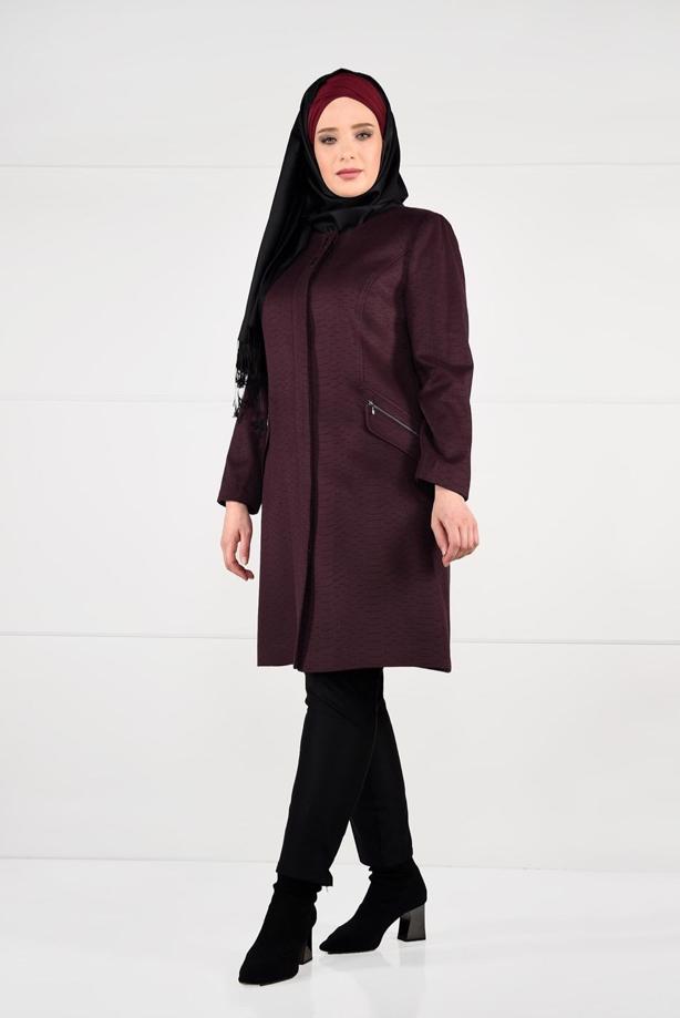 Vêtements hijab ROUGE BORDEAUX CABAN À COL ROND AVEC POCHES 9596  - TRENDTESETTÜR