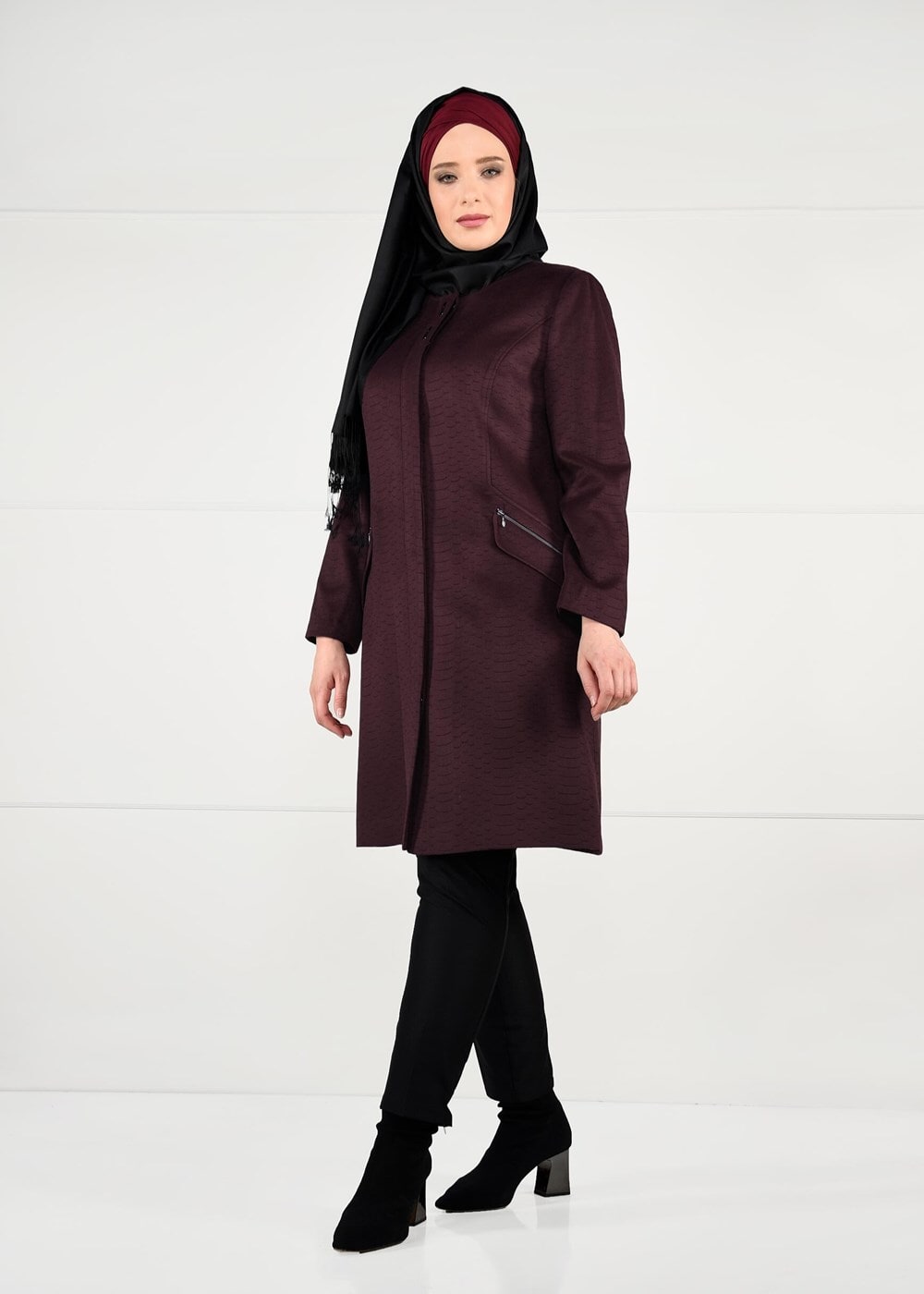 Hijab clothing CLARET RED CREW-NECK COAT WITH POCKETS 9596