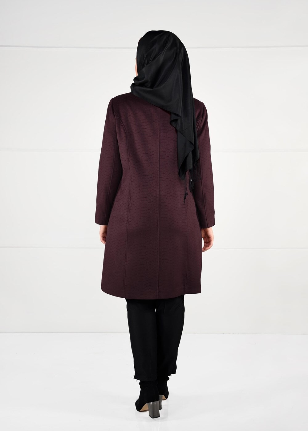 Hijab clothing CLARET RED CREW-NECK COAT WITH POCKETS 9596