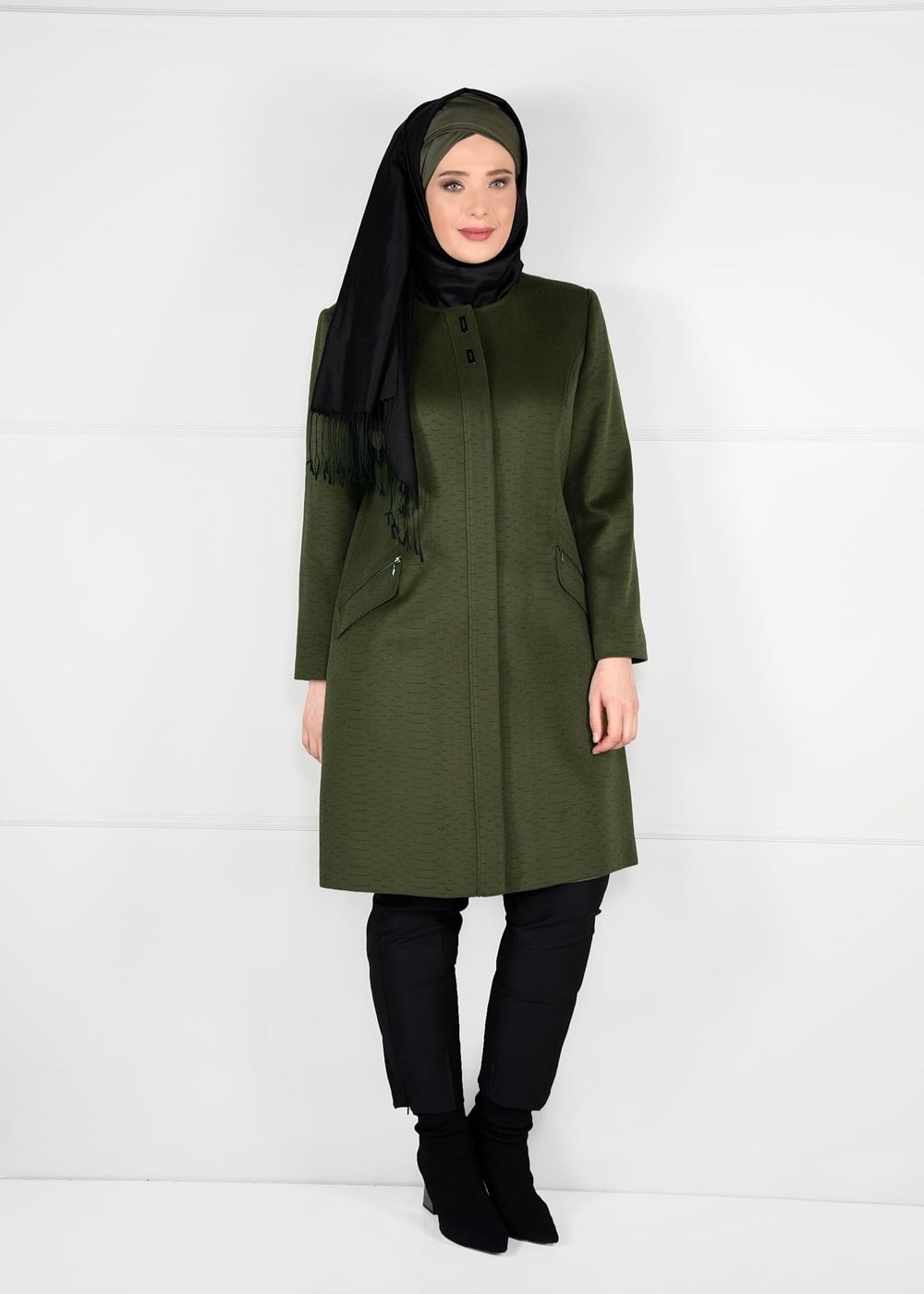 Vêtements hijab KAKI CABAN À COL ROND AVEC POCHES 9596 