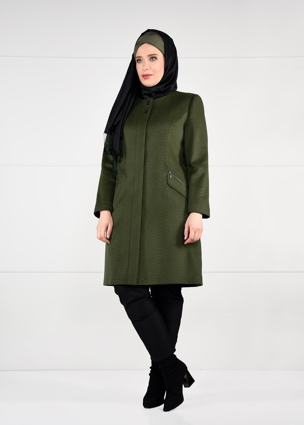 Vêtements hijab KAKI CABAN À COL ROND AVEC POCHES 9596 