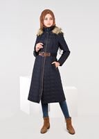 Tesettür giyim LACİVERT DESENLİ KEMERLİ KAPÜŞONLU KABAN 9598 