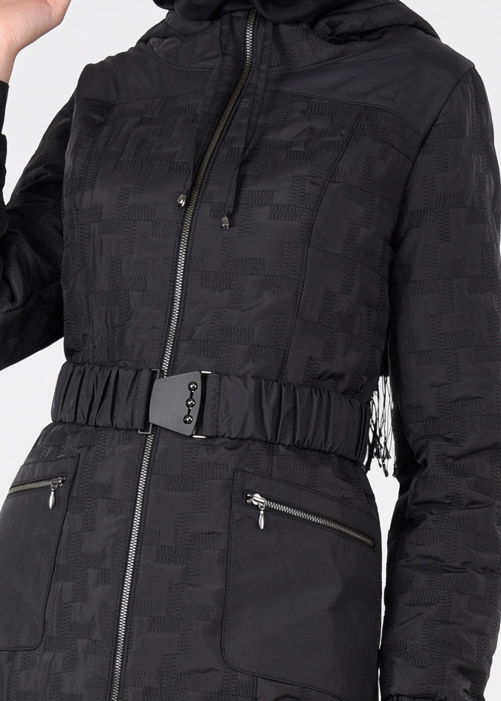 Tesettür giyim SİYAH KEMERLİ KAPÜŞONLU KABAN 9600 