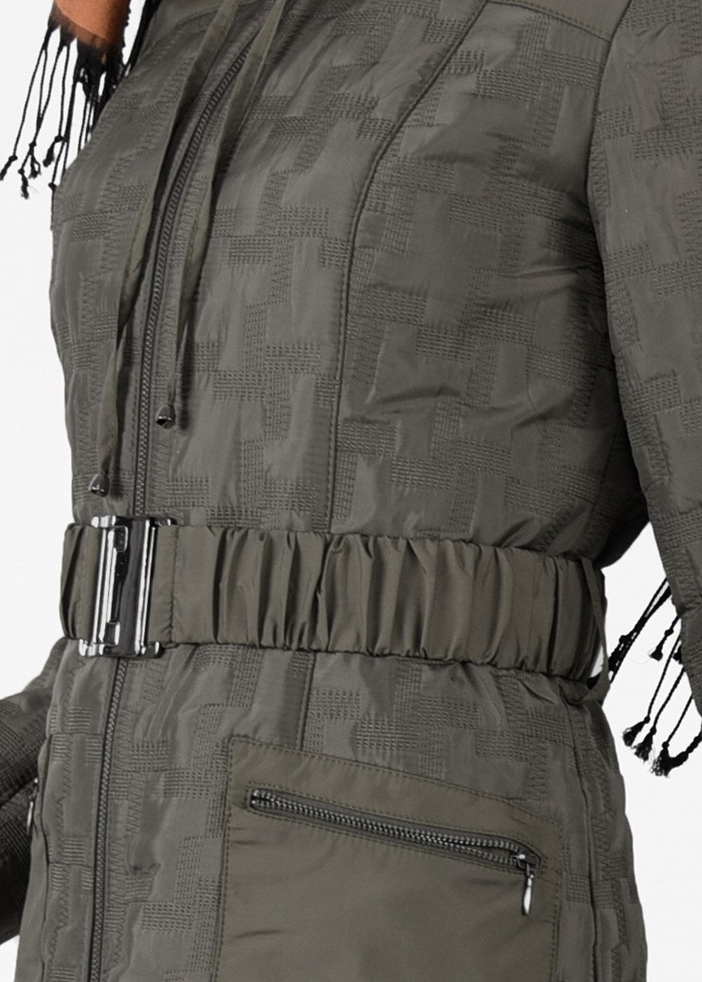 Tesettür giyim HAKİ KEMERLİ KAPÜŞONLU KABAN 9600 