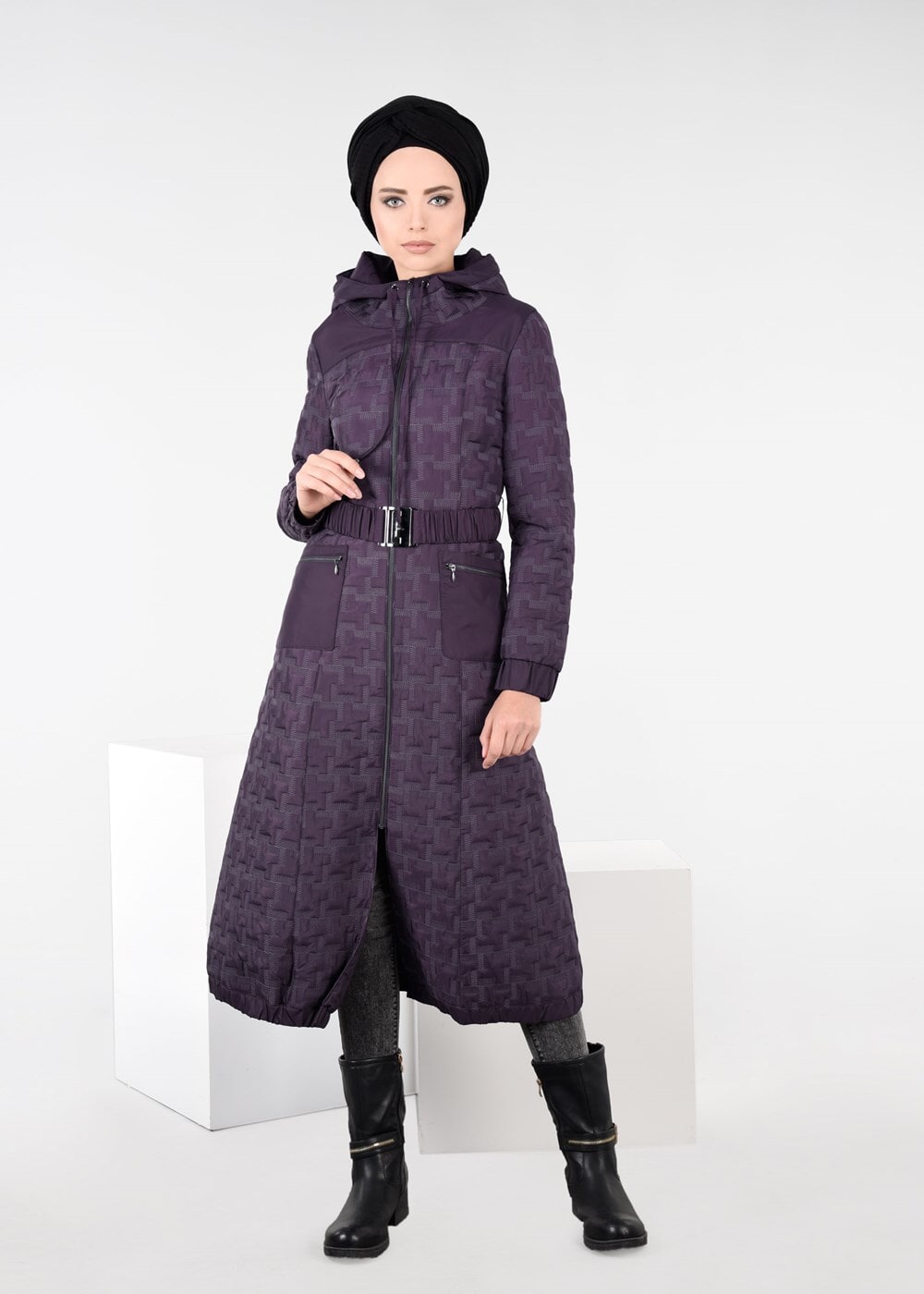 Tesettür giyim MÜRDÜM KEMERLİ KAPÜŞONLU KABAN 9600 