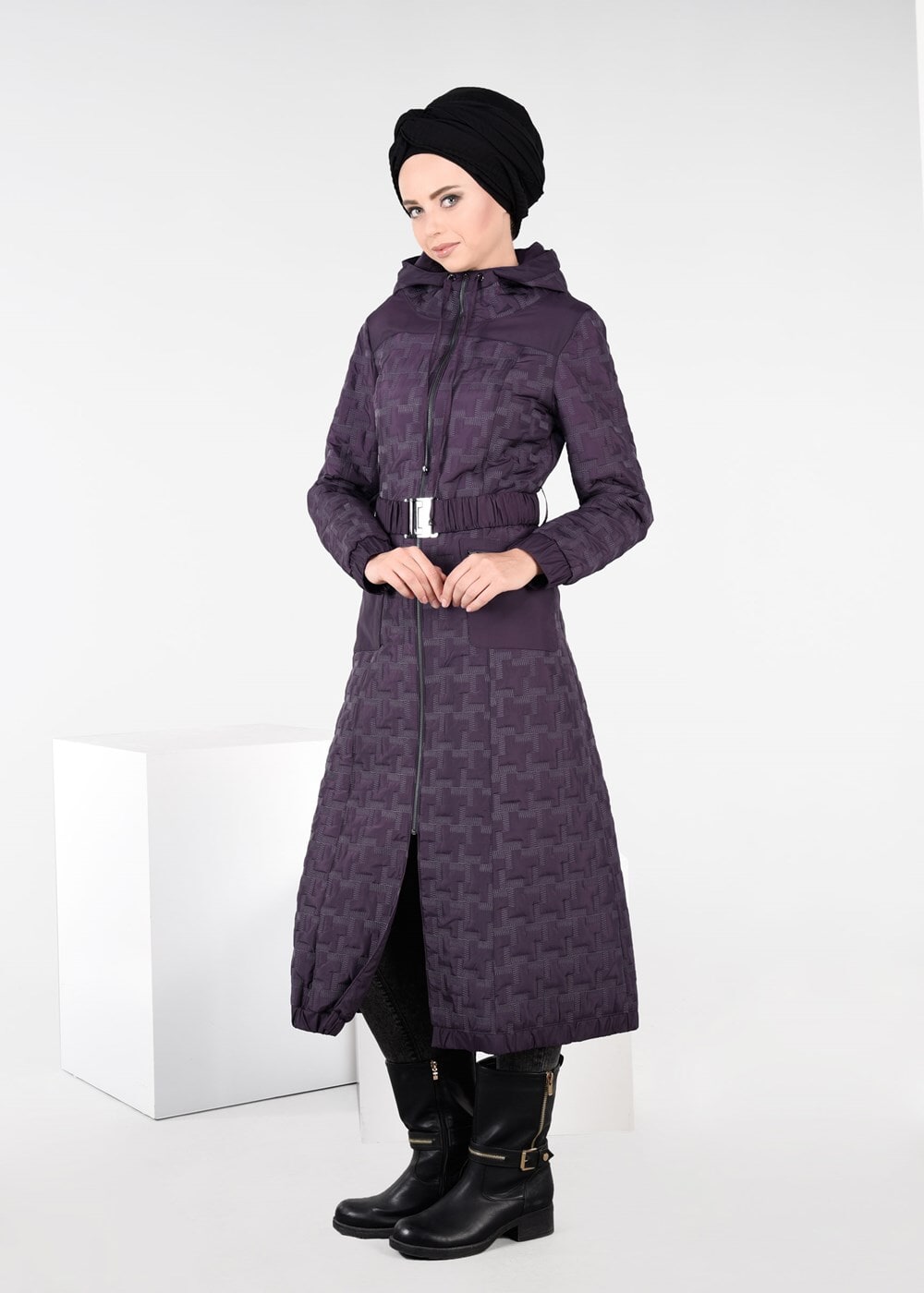 Tesettür giyim MÜRDÜM KEMERLİ KAPÜŞONLU KABAN 9600 