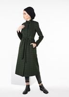 Tesettür giyim YEŞİL BELİ KUŞAKLI KAZAYAĞI DESENLİ KABAN 9605 