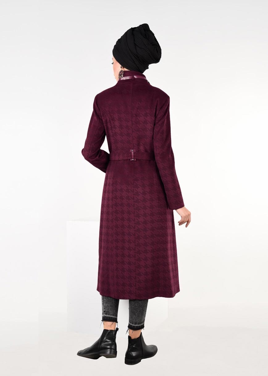 Tesettür giyim MÜRDÜM BELİ KUŞAKLI KAZAYAĞI DESENLİ KABAN 9605 