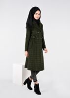Tesettür giyim YEŞİL KAZAYAĞI DESENLİ KRUVAZE KABAN 9607