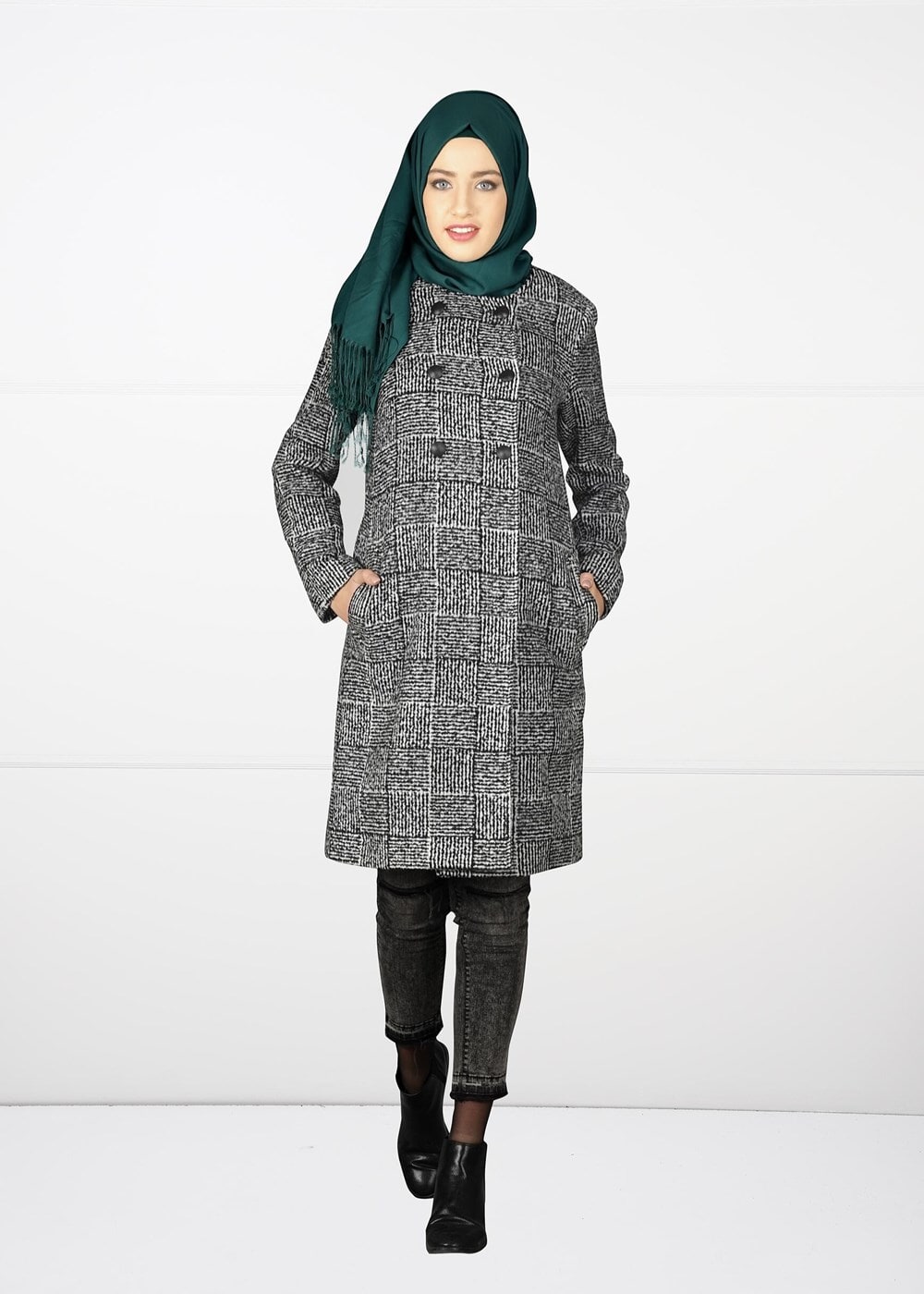 Tesettür giyim SİYAH KRUVAZE CEPLİ KABAN 9609 