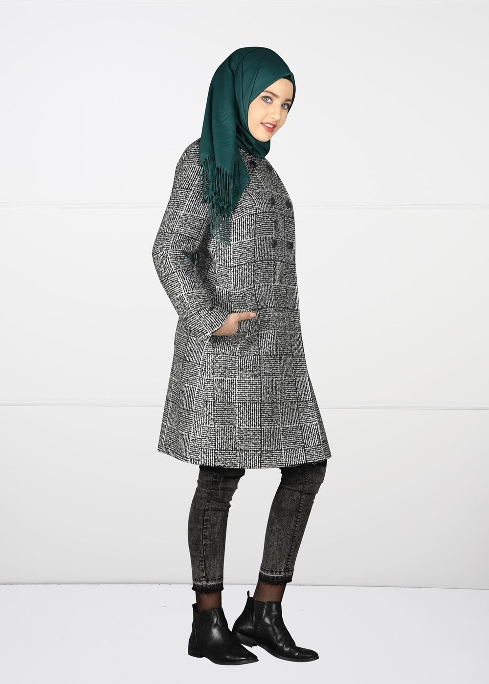 Tesettür giyim SİYAH KRUVAZE CEPLİ KABAN 9609 