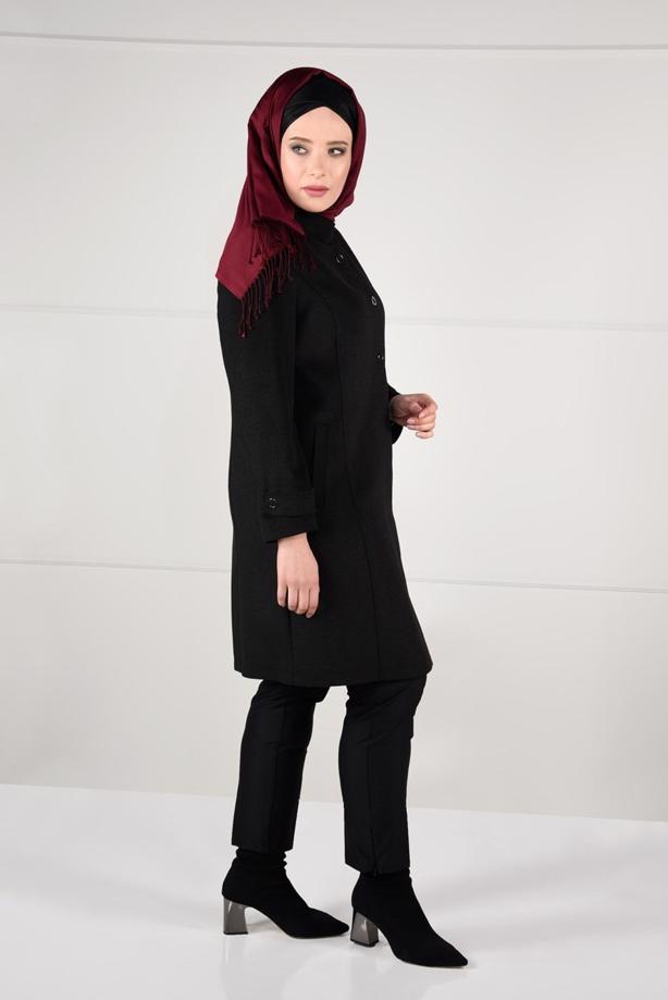 Vêtements hijab NOIR MANTEAU EN LAINE À ŒILLETS 9610  - TRENDTESETTÜR