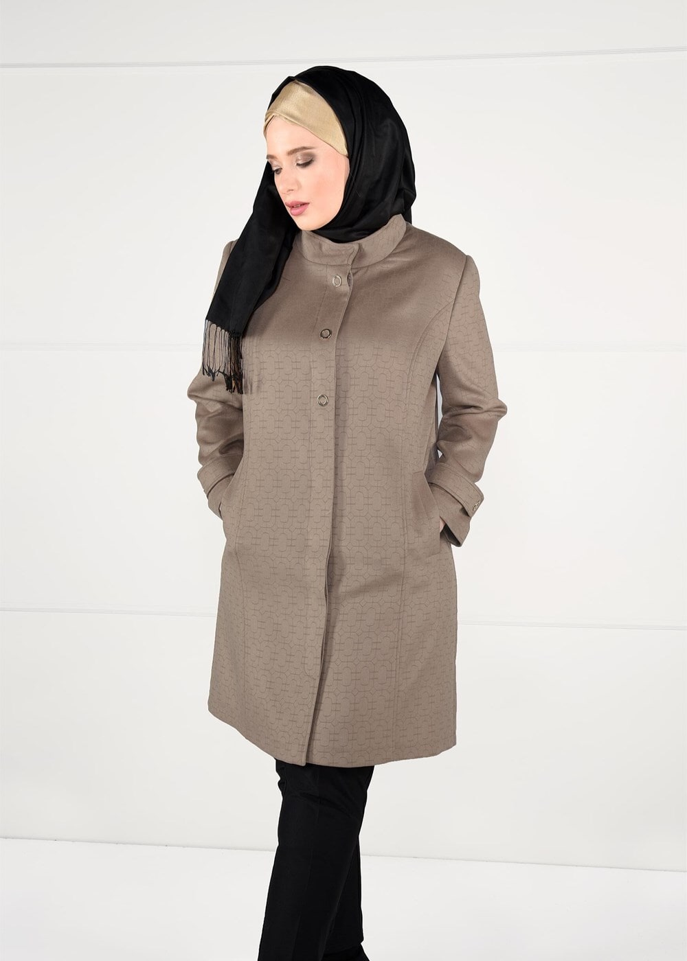 Hijab clothing BROWN GROMMET DETAILED WALKER COAT 9610