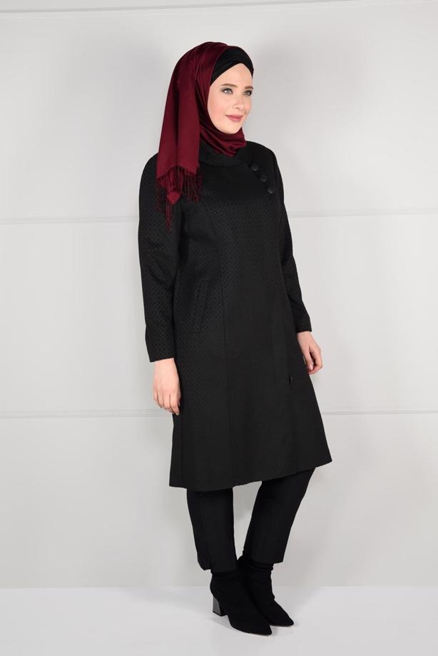 Vêtements hijab NOIR MANTEAU EN LAINE À BOUTONÉ 9611 - TRENDTESETTÜR
