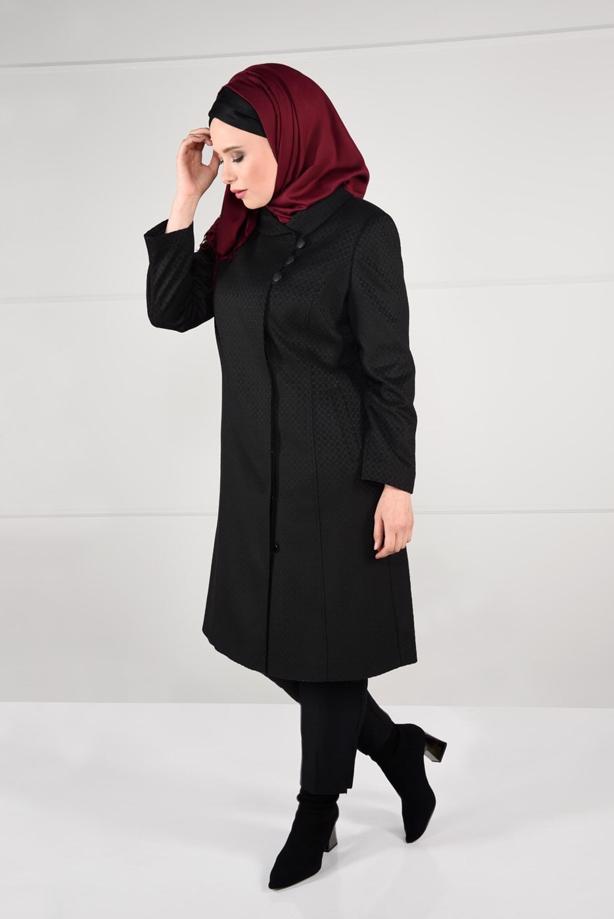 Vêtements hijab NOIR MANTEAU EN LAINE À BOUTONÉ 9611 - TRENDTESETTÜR