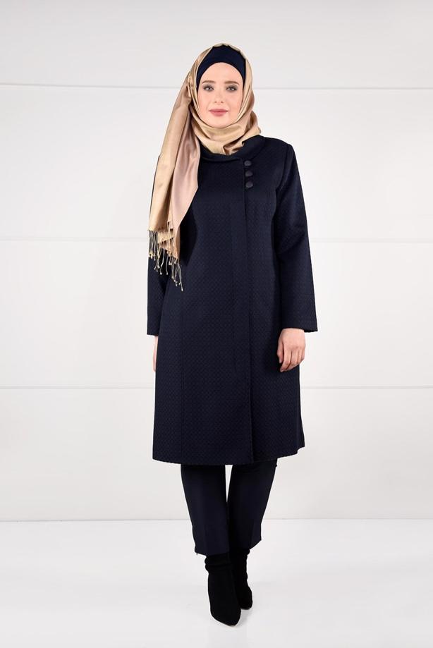 Vêtements hijab BLEU MARINE MANTEAU EN LAINE À BOUTONÉ 9611 - TRENDTESETTÜR