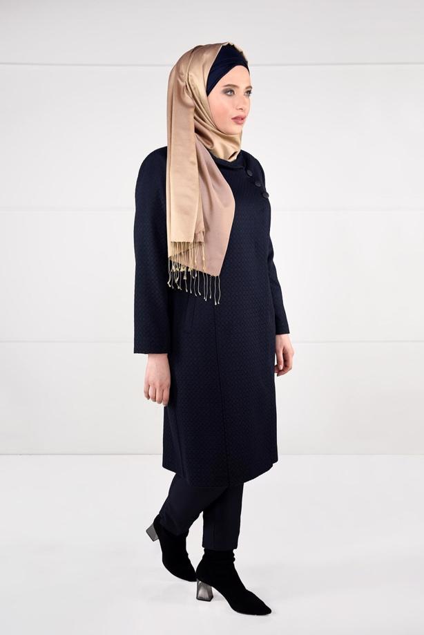 Vêtements hijab BLEU MARINE MANTEAU EN LAINE À BOUTONÉ 9611 - TRENDTESETTÜR